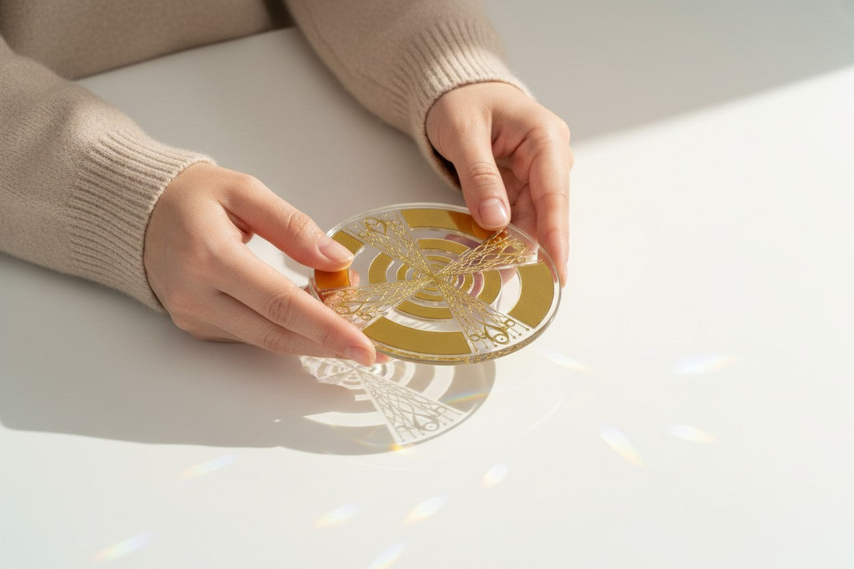 Energetischer Glasuntersetzer von Diana Wunsch mit goldenem spirituellem Symbol für Wandlung.