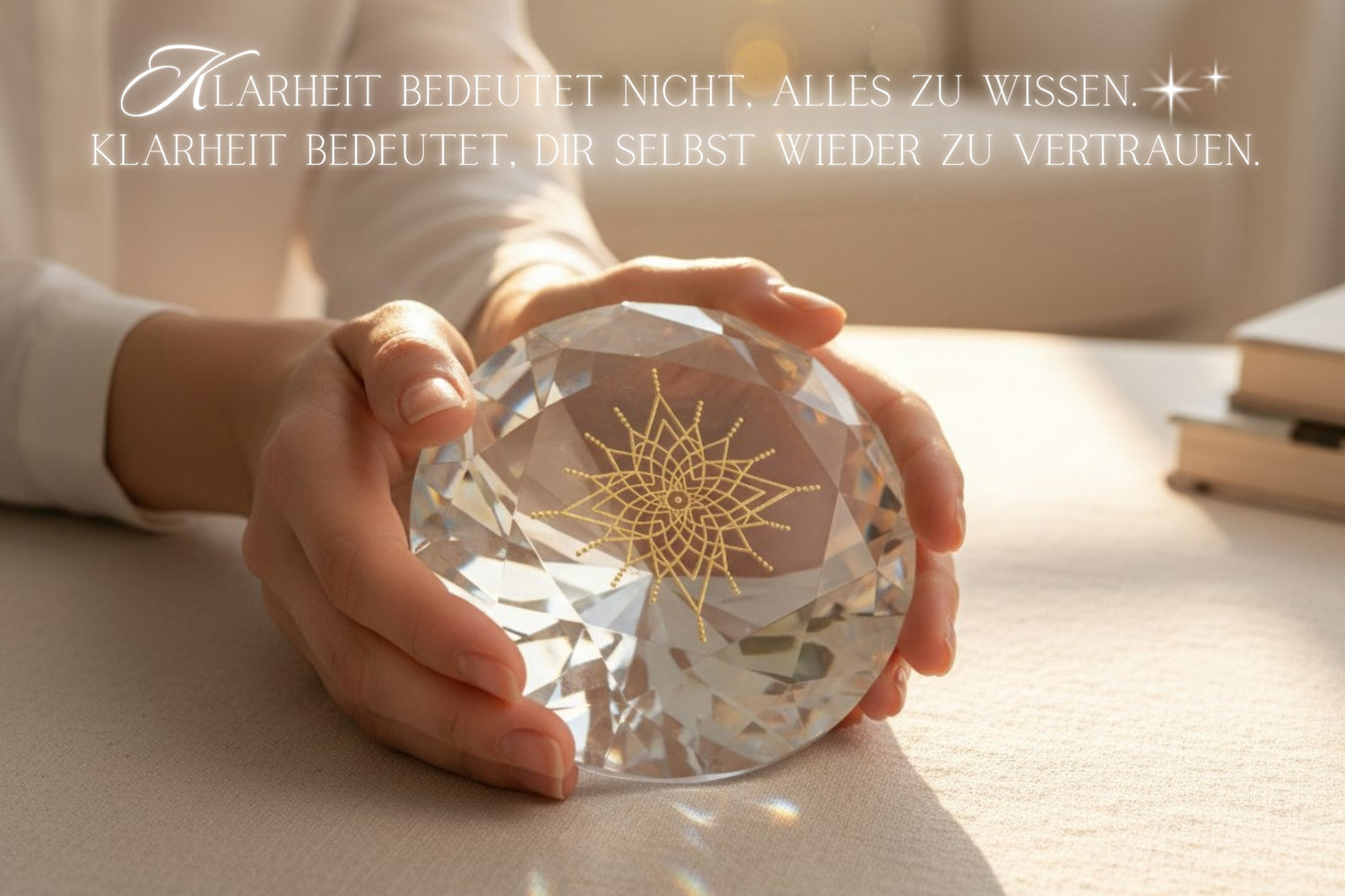 Frau hält Kristall der Klarheit in Händen – spirituelles Objekt Seelenklarheit
