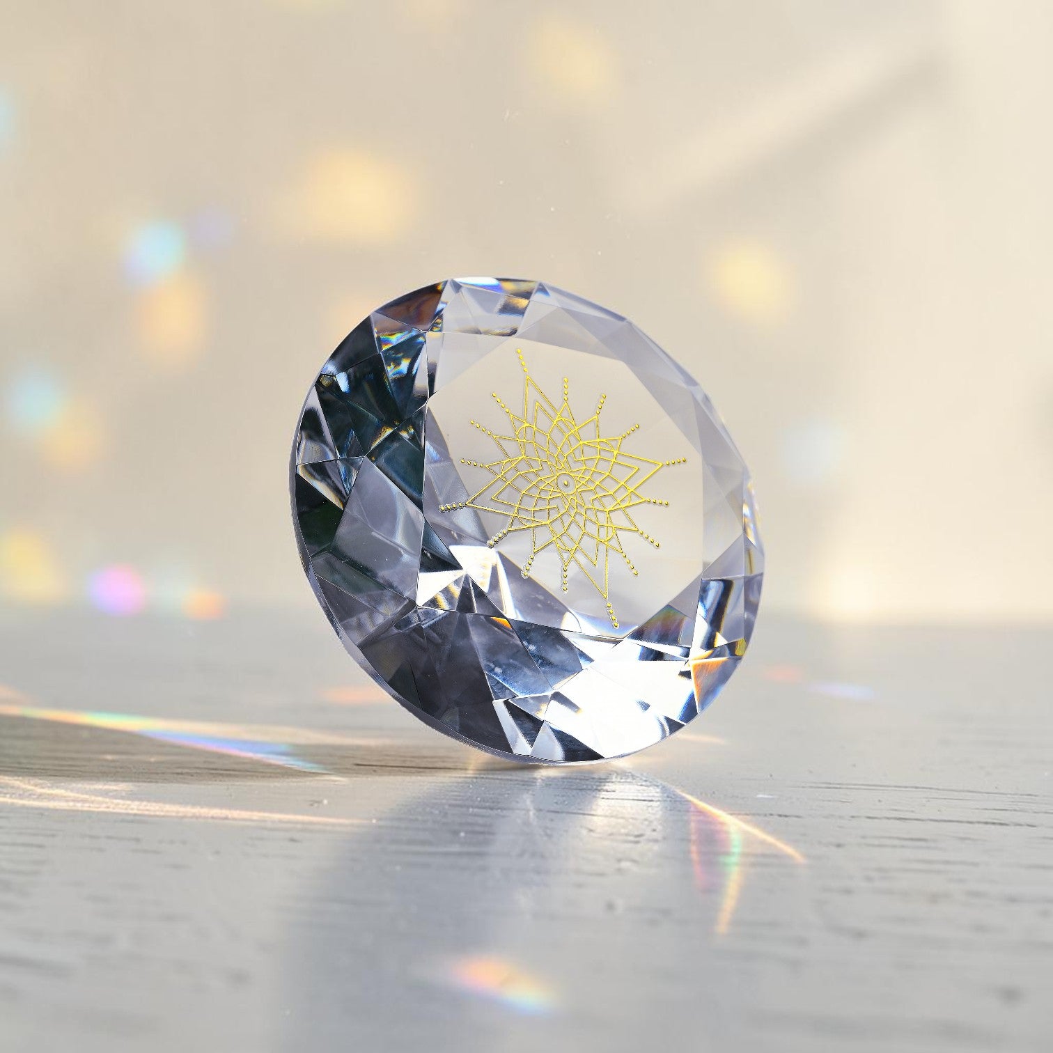 Kristall der Klarheit – Spiritueller Glasdiamant mit goldenem Lichtcode-Symbol von Diana Wunsch, Diamantschliff mit lebendiger Lichtbrechung, energetisches Objekt für innere Klarheit und Seelenverbindung