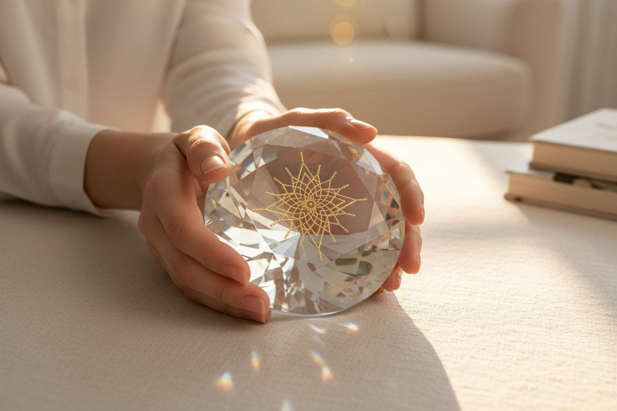 Frau hält spirituellen Glasdiamanten mit goldenem Lichtcode in den Händen – Kristall der Klarheit von Diana Wunsch, energetischer Begleiter für innere Klarheit, Selbstliebe und bewusste Entscheidungen