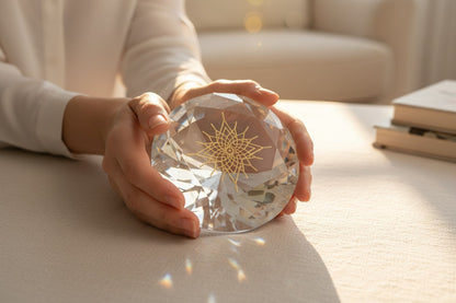 Frau hält spirituellen Glasdiamanten mit goldenem Lichtcode in den Händen – Kristall der Klarheit von Diana Wunsch, energetischer Begleiter für innere Klarheit, Selbstliebe und bewusste Entscheidungen