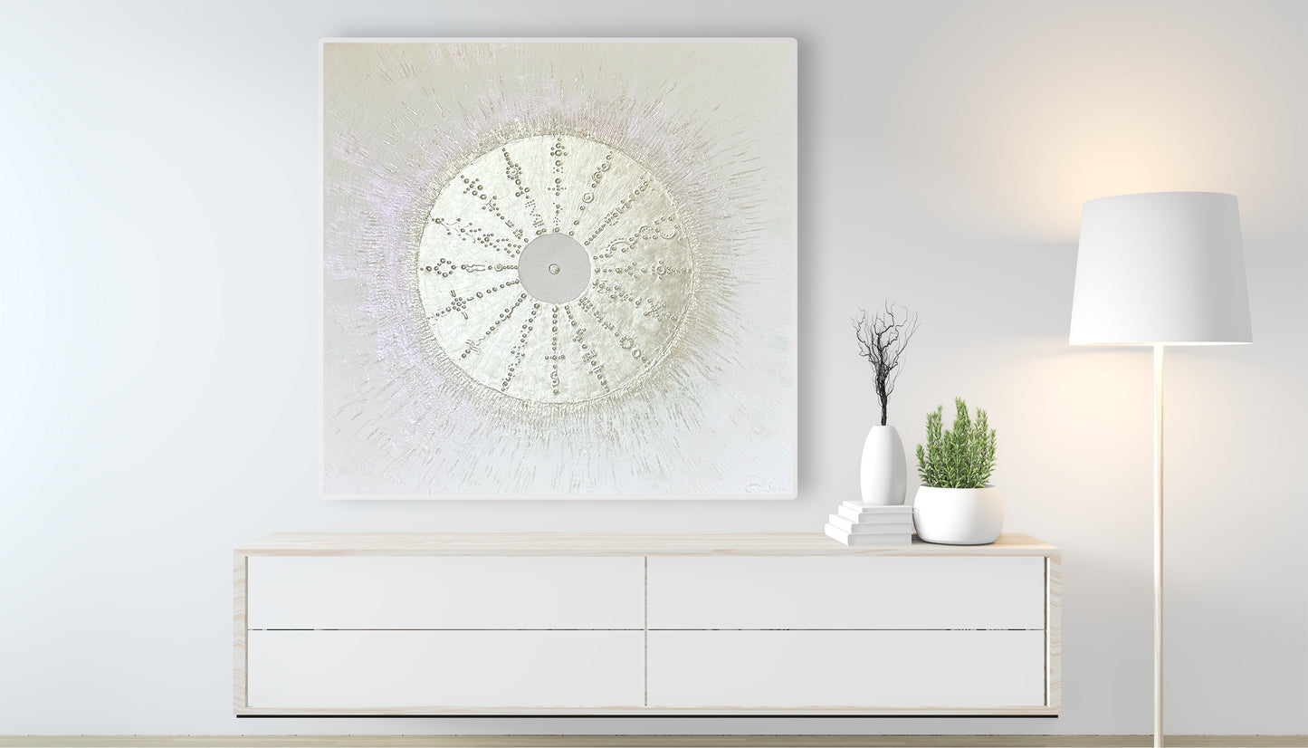 Energiebild Seelenportal über Sideboard – spirituelles Kunstwerk mit echtem Weißgold von Diana Wunsch