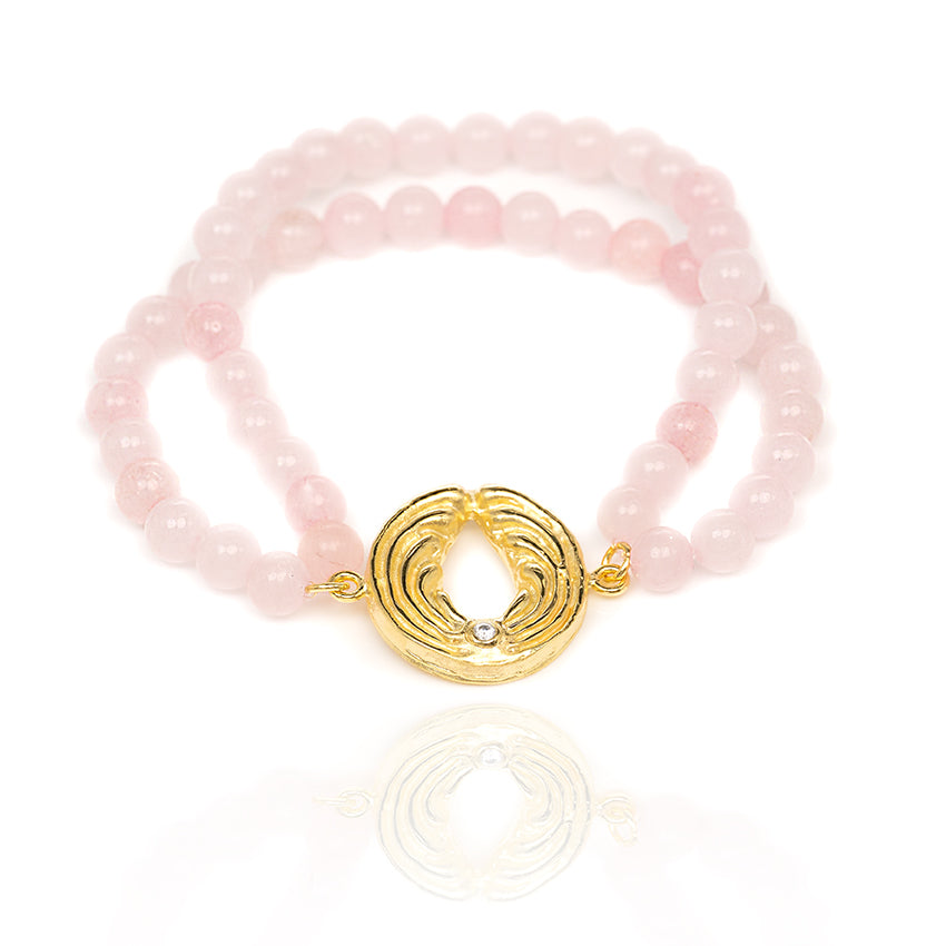 Zweifaches Rosenquarz-Armband mit Engel – Gold