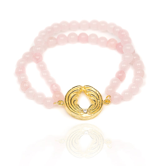 Zweifaches Rosenquarz-Armband mit Engel – Gold