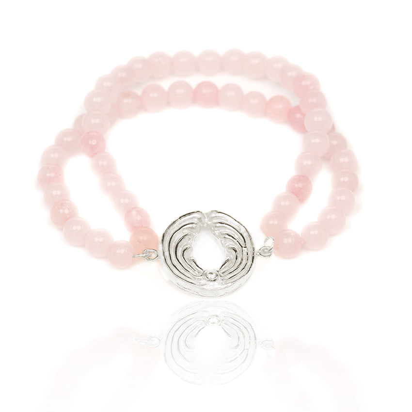 Zweifaches Rosenquarz-Armband mit Engel – Silber