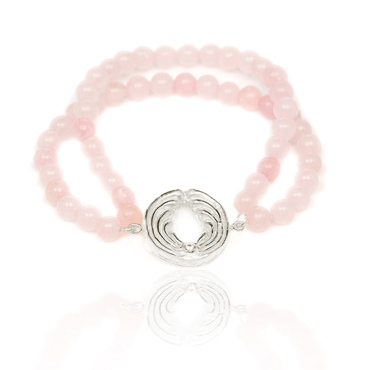 Zweifaches Rosenquarz-Armband mit Engel – Silber